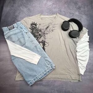 Vintage Y2K Marc Ecko Cream Punk Skull Guitarist Tee Shirt Mens 3X Grunge